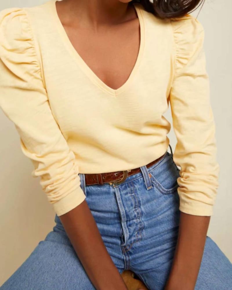 Front of a model wearing a size Large Saige V Neck Top in Post-It in Post-It by Nation LTD. | dia_product_style_image_id:343707